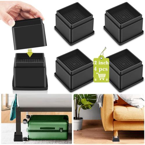 4 Pack Furniture Risers 2 Inch, Adjustable Bed Risers Heavy Duty for Table Desk Couch Chair Sofa Cabinet Bed Frame Dorm, Square Stackable Table Leg Risers Lift Height 2 or 4, Black
