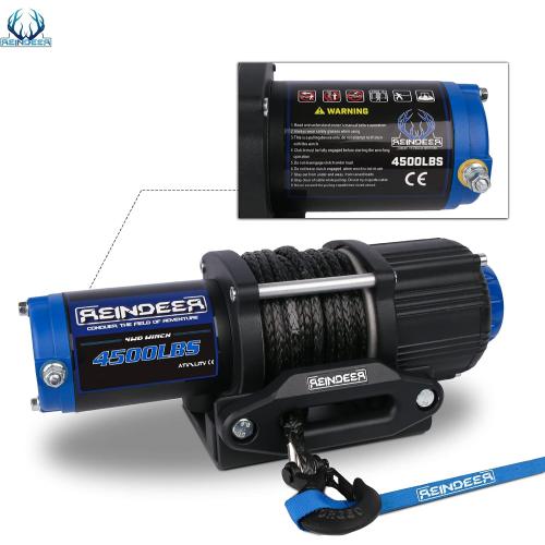 REINDEER New 12V Winch 4500 lb Load Capacity Electric Winch Kit Synthetic Rope with Hawse Fairlead Waterproof IP67 with Wireless Remotes for 4X4 Side by Side 4 Wheeler ATV UTV Rescue Recovery