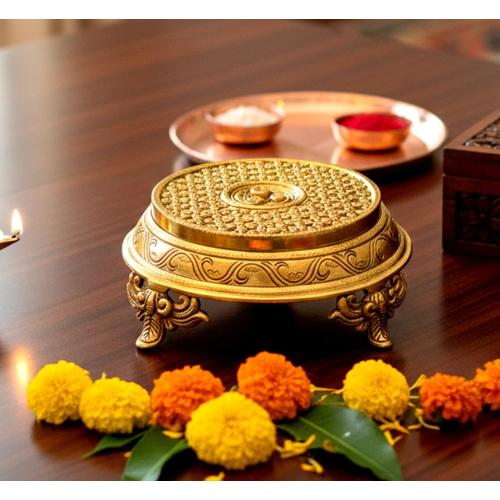 eSplanade Brass Decorative Round Pooja God Stool | Brass Chowki | Home Decor Sitting Table - 7 Inches