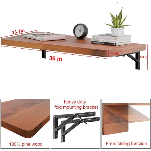 IAE Wall Mounted Folding Table with Pine Wood,Floating Wall Desk,Laundry Folding Table with Shelf Brackets,Fold Down Desk Shelf,Folding Workbench for Home,Dining,Laundry Room,Kitchen,36 x 14,Teak