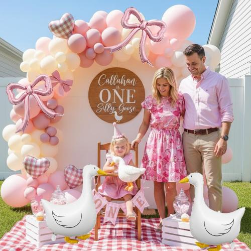 4PCS One Silly Goose Balloons and Pink Bows – White Goose Pinl Bow Foil Balloons for One Silly Goose Birthday Decorations, Coquette Bow Baby Girl Party Decor, Gingham Farm Baby Shower Supplies