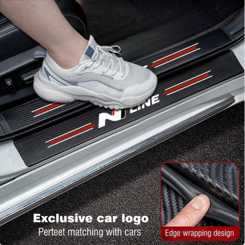 4PCS car Door sill Protector Stickers Carbon Fiber Texture Leather car Door sill Cover Compatible Elantra i20 i30 Tucson Venue Kona Sonata N line Accessories (Style 1)