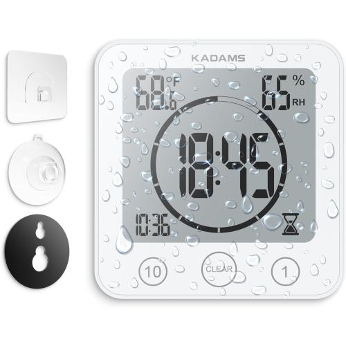 KADAMS Shower Clock Waterproof Bathroom Timer – Digital Wall Clock with Countdown, Magnetic Kitchen Clock with Temperature & Humidity, Suction Cup for Kids Shower Spa Sauna Cook Bath, White
