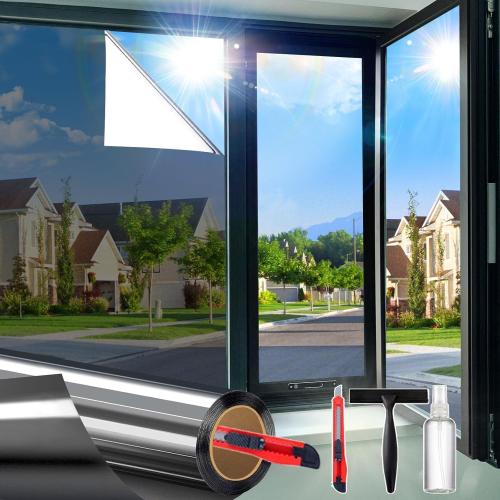 One Way Window Privacy Film See Out Not in, Window Tint for Home, Reflective Mirror Glass Windows Coverings Sun Heat UV Blocking, Black-Silver, 35.4 Inch x 78.74
