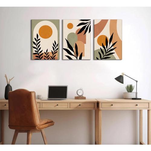 3 Pcs Mid Century Modern Boho Sun Canvas Wall Art Neutral Abstract Minimalism Bohemian Mountains Plants Pictures Wall Decor Posters Prints Artwork for Bedroom Living Room Home Decoration