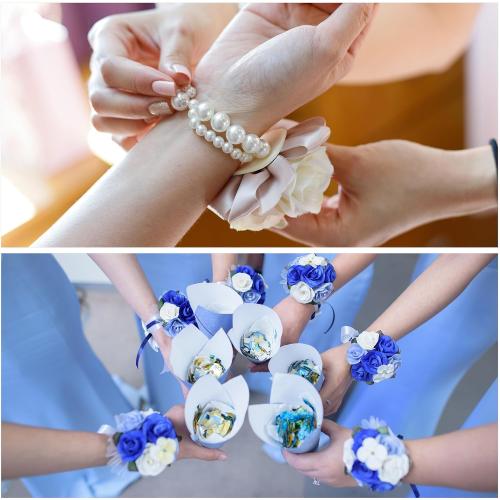 MECCANIXITY 12Pcs Wrist Corsage Artificial Flower Bracelets Rose Wrist Bride Groom Decorative for Wedding Ceremony Prom Party Anniversary Sky Blue