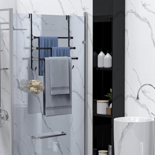 Over The Door Towel Rack, Extendable Triple Towel Storage Holder with Hooks, 24.02 Inches Towel Bar Hanger Towel Racks for Bathroom (Black)