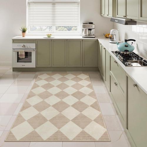 Beeiva Checkered Print 3x5 Washable Area Rug for Bedroom, Non Slip Ultra Thin Beige Entryway Rug Non Shedding Kitchen Rug 3x5, Modern Checkerboard Carpet Plaid Decor for Bathroom Office Nursery
