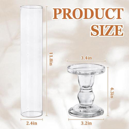 JarThenaAMCS 12 Sets Glass Hurricane Candle Holder 11.8 Tall Clear Glass Cylinder Tube and 4.3 Candle Stick Holder for Birthday Wedding Party Dining Table Centerpiece Decor