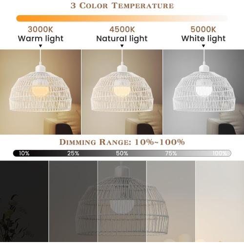 Size 9.6 Color White Battery Operated Boho Pendant Light Fixture, Iron Pendant Farmhouse Coastal with Rechargeable Light Bulb, Farmhouse Hemp Rope Pendant Light for Bedroom, Non-Hardwired Detachable（9.6inch）