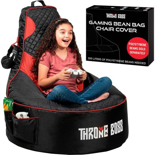 Throne Boss Gaming Bean Bag Chair Cover for Kids with High Back, Red – Floor Gaming Chair Cover, Easy to Clean Fabric, Large Side Pockets, Headphone Hanger, Requires 200 Liters Polystyrene Beans