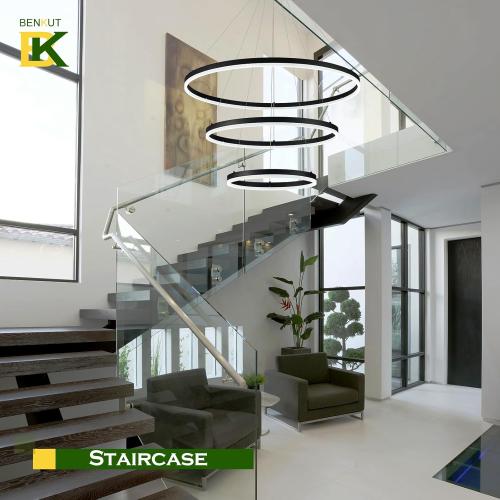 D31.5 3 Rings Modern LED Chandelier Black Dimmable LED Pendant Light with Remote Control Circular Flush Mount High Ceiling Light for Dining Room Living Room Bedroom Foyer(3000K-6500K, H71)