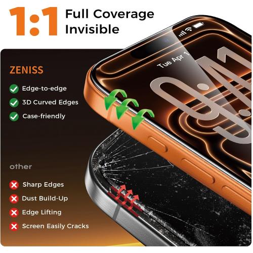 Zeniss NeverBreak 9H  Hardness for iPhone 17 Pro Screen Protector 12FT Military Grade Protection (Scratch, Shatter, Drop Resistance) Tempered Glass 6.3, 2 Pack with De-Bubble Card, Clear