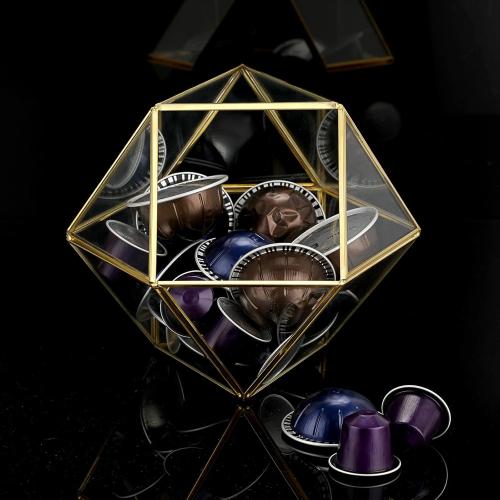 ELLDOO Gold Glass Coffee Pods Holder, Large Capacity 14 Sided Glass Box for K Cups & Nespresso Capsules, Coffee Capsule Storage for Counter Coffee Bar, Kitchen, Office