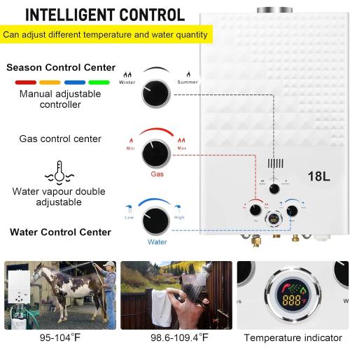 Tankless Water Heater Propane 4.74GPM 18L Outdoor Portable GasHot Water Heater Instant Propane Water Heater with Digital Display Multi-Protection for Camping Trips Boat