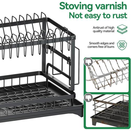 2-Tier Dish Drying Rack with Drainboard, Sink & Countertop Metal Dish Rack Organizer, Dish Drainers for Kitchen Counter, Black