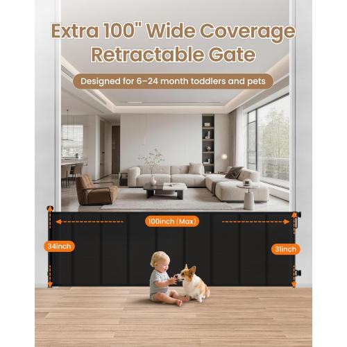 Retractable Baby Gate Extra Wide, 100 Wide Anti-Sagging Pet Gate with 8 Support Rods, 34 Tall Scratch-Resistant Extra Long Dog Gate for Large Openings, Doorways & Open Spaces, Black