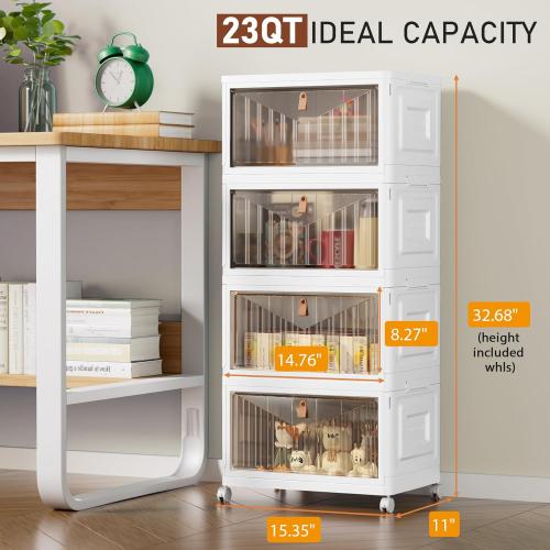 4 Tier Storage Bins with Lids, 23QT Stackable Closet Organizers and Storage with Wheels, Collapsible Storage Boxes, Foldable Plastic Storage Containers for Home,Office, Dorm Room-White
