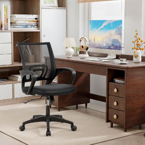 BestOffice | Ergonomic Office Chair | Mid-Back Swivel Desk Chair | Breathable Backrest & Lumbar Support | Adjustable Height | Sponge Seat | Rolling Wheels | Dark Black | for Adults & Women