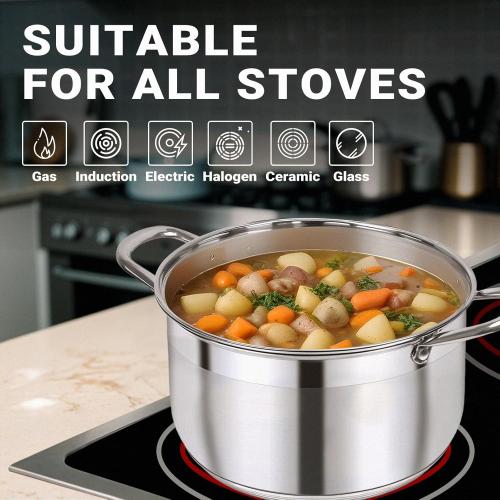 Kirecoo Stainless Steel Stock Pot - 8 Quart Heavy Duty Induction Cooking Pot with Visible Lid for Pasta, Soup, Spaghetti, Nonstick Thick Bottom Big Stockpot, Deep Cookware for Canning, Boiling, Simmer