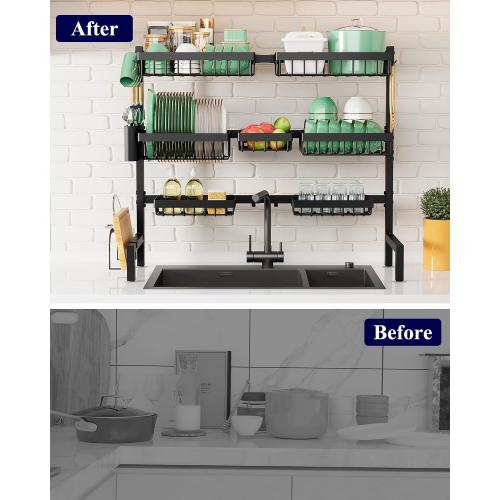 Kitsure Over The Sink Dish Drying Rack - 31.5 to 39.4 x 30.3, Adjustable Sink Drying Rack for Kitchen Sink with Multifunctional Baskets, Black