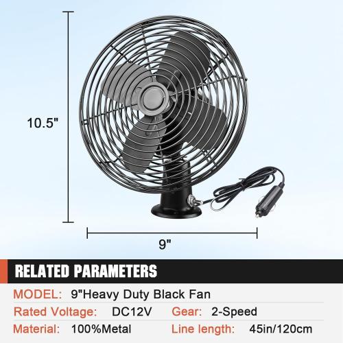 12V Portable Fan RV | Truck Cooling Heavy Duty 9 Metal Clip-On Car Fan Bus | Boat | Forklift | Car | Camper | Lawn | Mower | Tractor 2-Speed High Velocity Black