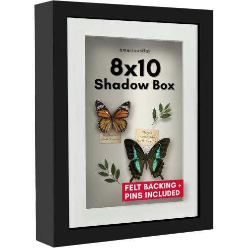 Americanflat 8x10 Shadow Box Frame with Shatter-Resistant Glass - Use as 6x8 Frame with Mat or 8x10 Without Mat - Silhouette Collection - Black with Soft Felt Back