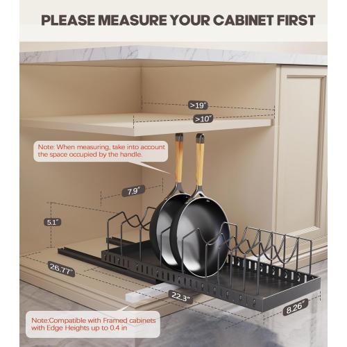 Pull Out Pots and Pans Organizer Under Cabinet, Expandable Sliding Lid Holder and Pan Rack for Kitchen, Slide Out inside Cabinet for Pot Lid, Bakeware, Dishes, 10 Adjustable Dividers, 1 Pack Black