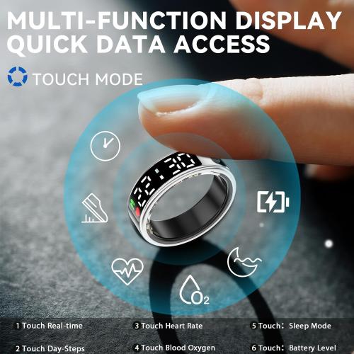 Color Black Smart Rings for Men Women,Fitness Tracker Ring,Smart Ring whth Display and Touch Button,IP68waterproof,Health Ring Tracks Heart Rate/Sleep/Steps/Blood Oxygen/Calorie/Distance,No Subscription