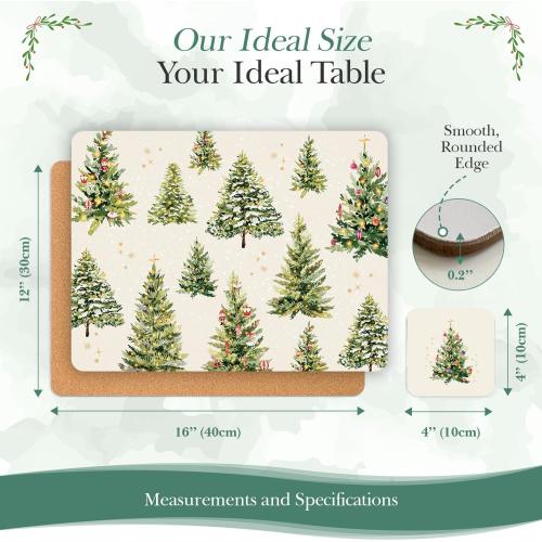 Cork Placemats Set of 4 with Matching Coasters, Heat Resistant, Rectangular 16.15 x 12.2 Inches, Non-Slip, for Dining Table, Christmas (Xmas Trees, Set of 4)