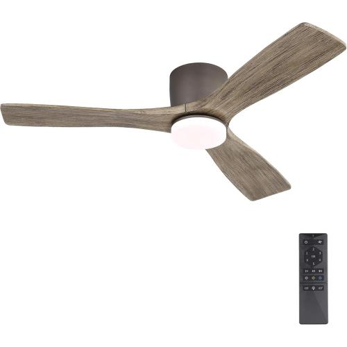 WINGBO 48 Inch Flush Mount DC Ceiling Fan, 3CCT Dimmable Light, 3 Carved Wood Blades, 6-Speed Noiseless Reversible DC Motor, Hugger Low Profile Fan, Graphite Finish with Gray Blades, ETL Listed