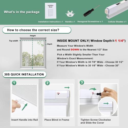 WHITE No Drill Cellular Shades for Indoor Windows, Thermal Insulating & Noise Reducing Honeycomb Blinds, Free Stop Cordless Blackout Shades, White, 25 1/2 W x 64 H