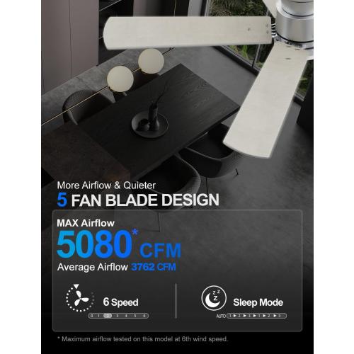 Nickel 52inch Ceiling Fans with Lights 52 Inch, Flush Mount, Remote Control, 3CCT Dimmable, 6 Speeds, Quiet Reversible DC Motor, Low Profile Silver Nickel Ceiling Fan for Bedroom, Living Room, Indoor/Outdoor, ETL