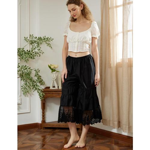 BEAUTELICATE Women Medium Cotton Batiste Culotte Slip Pettipants Lace Trim Vintage Wide Leg Half Slip