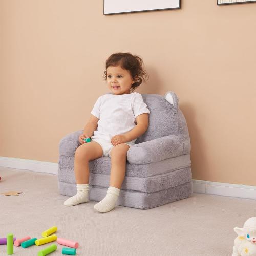 QIUODO Toddler Plush Chair with Removable Cover, Kids Sofa Bed to Lounger, Comfy Couch for Kids 18 Months and Up (Grey Kitty)