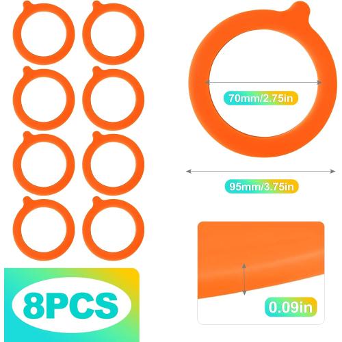 8 Pack Silicone Jar Seals, Replacement Rubber Gasket Rings for Standard Mouth Mason Jars, Airtight & Reusable Canning Seals for Food Storage, Orange