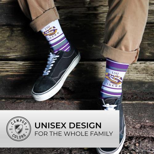 Color Purple Size Adult One size For Bare Feet Collegiate University Striped Dress Socks, One Size Fits Most Footwear for Men Women Youth, Game Day Apparel