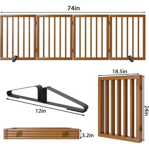4 panel Freestanding Pet Gate Foldable 4 Panel Dog Gate Walnut Dog Gates for Stair Doorways House Indoor (2 Support Feet Included)