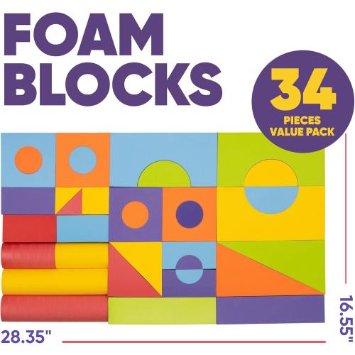 Set of 34 Large Foam Blocks for Toddlers - Stacking Soft Blocks for Kids with Shapes & Colors Learning - Construction Building Preschool Toys - Soft Toy for Daycare Toddlers 3-5 & Above