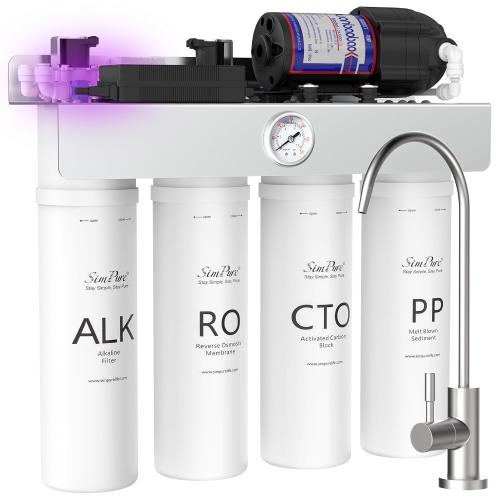 SimPure T1-400ALK Alkaline UV Reverse Osmosis System, NSF/ANSI 58 Certified, Tankless RO Water Filter System 400 GPD, pH  Remineralization Water Filtration Under Sink, BPA Free, Built-in Pump