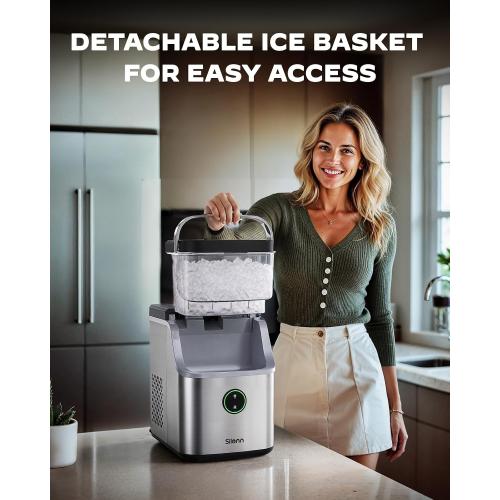 Silonn Nugget Ice Maker Countertop, Ice Basket with Handle, Quiet Operation & Self Cleaning Ice Machine, Chewable Ice, 33 lbs/24H, Portable Pellet Ice Maker with Scoop for Home, Kitchen and Office