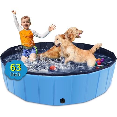 Foldable Dog Pool, 63 x 12 Kiddie Pool with Hard Plastic, Non-Slip Dog Bath Tub for Outdoor Backyard, Collapsible Dog Swimming Pool for Kids Dogs Pets (Blue)