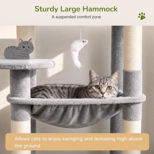 Globlazer Cat Tree Tower with Scratching Post for Indoor Cats, 53inch Tall Plush Multi-Level Cat Climbing Tower Condo House with Large Hammock, Spacious Cat Cave, Padded Top Perch Bed, F53, Light Gray