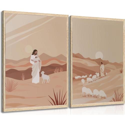 2Pcs Jesus And The Lamb Wall Art Shepherd Canvas Wall Decor Leads Lost Lamb Painting Picture Jesus Leaves The 99 Poster Print or Church Prayer Room Bedroom Home Decoration Unframed