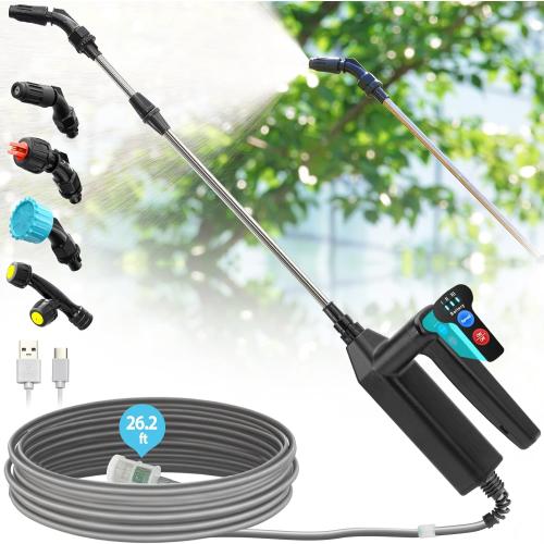 Size 32 inch Battery Powered Sprayer Wand, 32 Inch Garden Sprayer Telescopic Wand with 3 Adjustable Speeds, Battery Indicator, 26.2 FT Hose, 7.4V Rechargeable Water Sprayer Wand with 4 Adjustable Nozzles & Filter