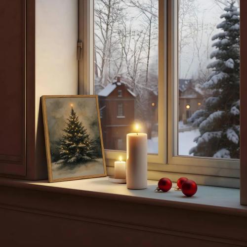 Vintage Christmas Wall Art Natural Christmas Tree Wall Decor Paintings Winter Landscape Pine Tree Poster Canvas Prints for Farmhouse Mantel Bedroom Living Room 12x16 inch Wood Framed