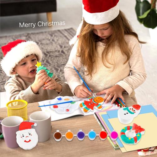 kockuu Christmas Ceramics to Paint for Kids Christmas Crafts Paint Your Own Ceramics Painting Kit, 8Pcs Ceramic Figures with Brushes for Toddlers Kids DIY Crafts Xmas Birthday Activity Gifts