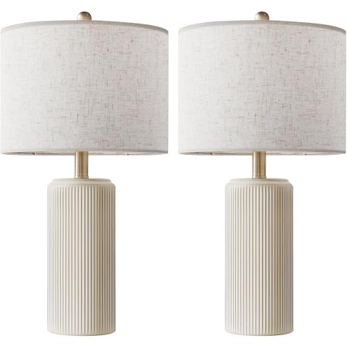 Ceramic Table Lamp Set of 2, 23 Inch 3-Level Dimmable Bedside Lamps with Linen Shade, Farmhouse Nightstand Lamps for Bedroom Living Room, Rustic White Desk Lamp, LED Bulb Included