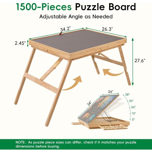 Size 34.2 x 26.3  TEAKMAMA Puzzle Table 27.6 Tall 1500 Piece Puzzle Board with Drawers, 34.2 x 26.3 Adjustable 5-Tilting-Angle Jigsaw Table with Legs, Jigsaw Board for Adults, Nature