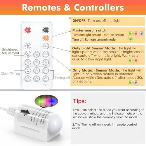 WOBANE LED Strip Lights, Motion Sensor Light Strip with Remote and Adapter, Night Light, Dimmable Function, 16.4ft Tape Lighting for Kitchen, Under Cabinet, Bedroom, Shelf, Bed, 3000K Warm White